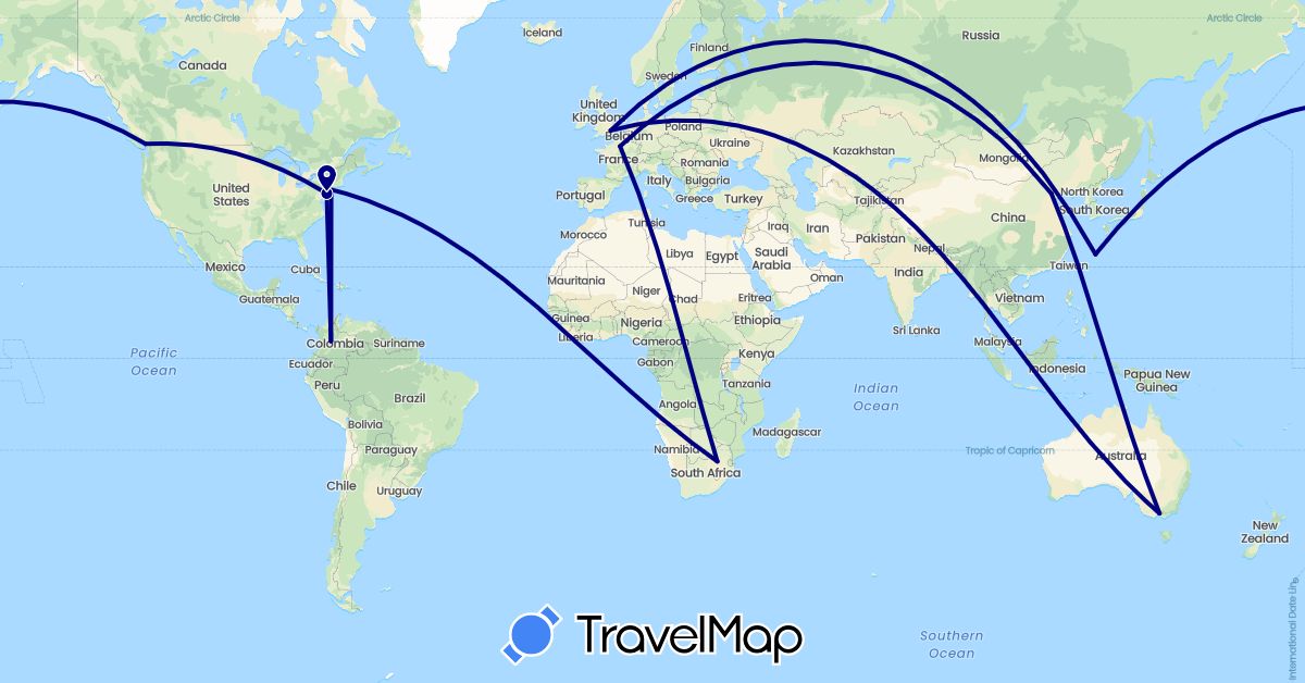 TravelMap itinerary: driving in Australia, Canada, China, Colombia, France, United Kingdom, Japan, United States, South Africa (Africa, Asia, Europe, North America, Oceania, South America)
